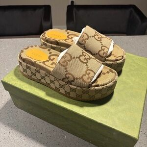 Gucci Beige GG Canvas Platform Slide Mules